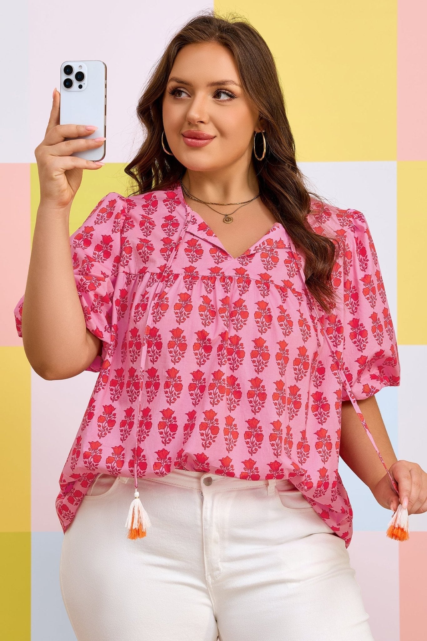 Pink Plus Size Floral Print Tassel Tie Puff Sleeve Cotton Blouse - Loving It Shop