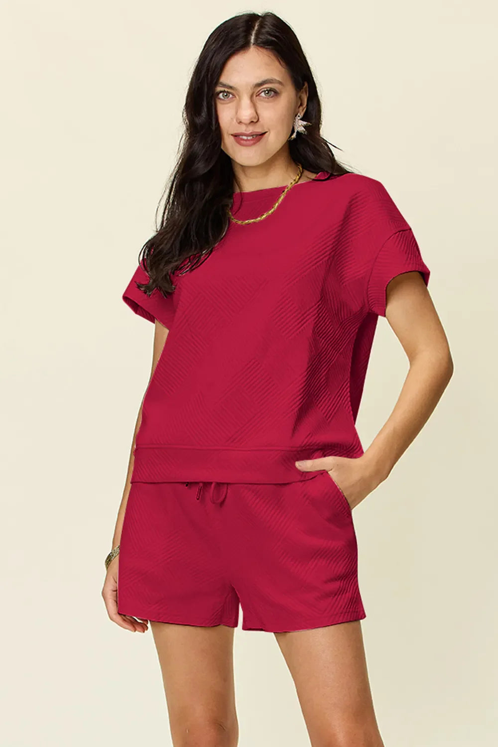 I am a Fashion Junky Full Size Texture Short Sleeve T-Shirt and Drawstring Shorts Set
