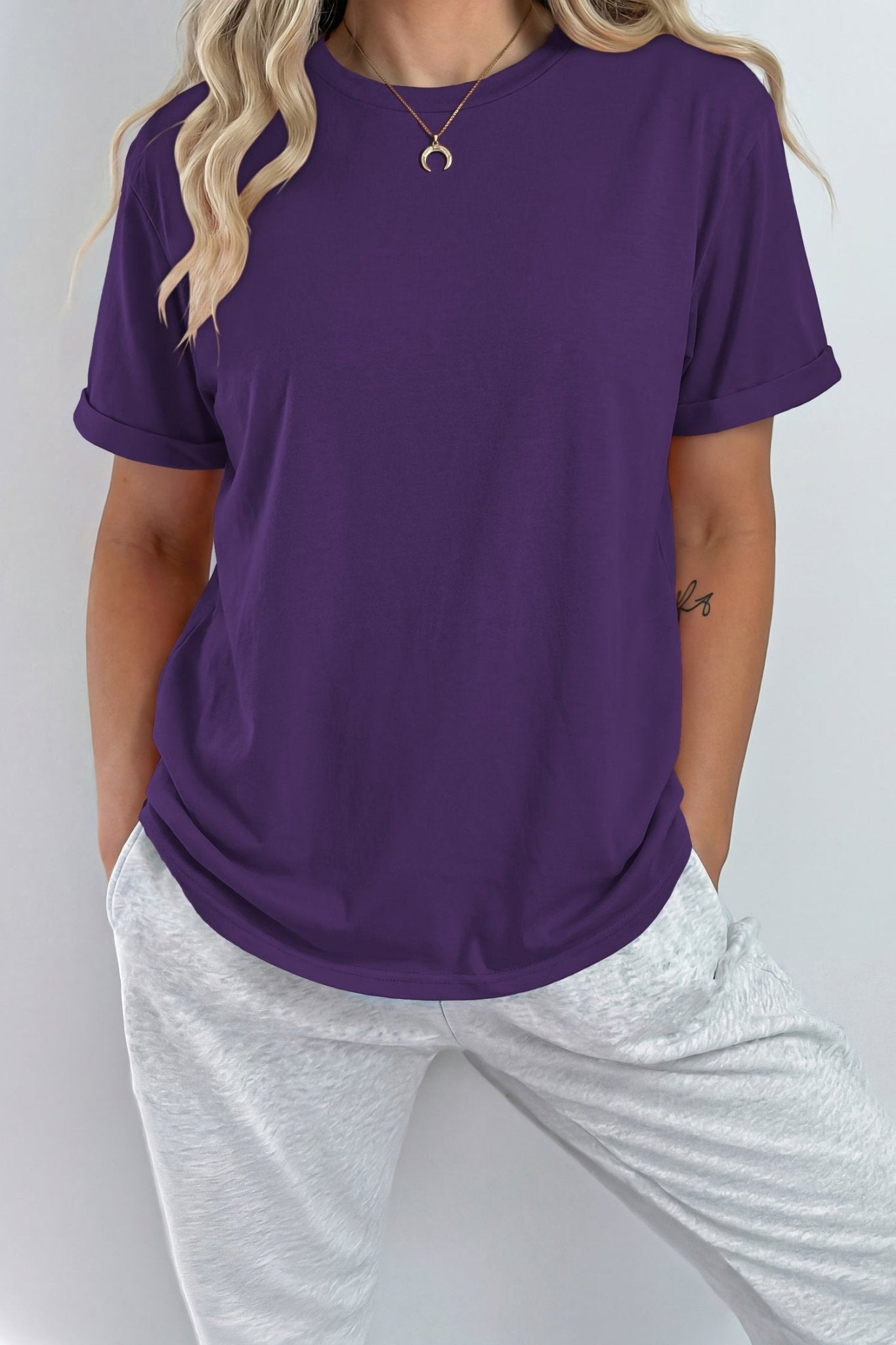 Tillandsia Purple Casual Plain Crew Neck Tee - Loving It Shop