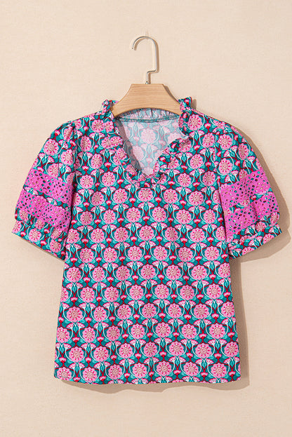 Sachet Pink V-Neck Ruffle Abstract Floral Print Puff Sleeve Top