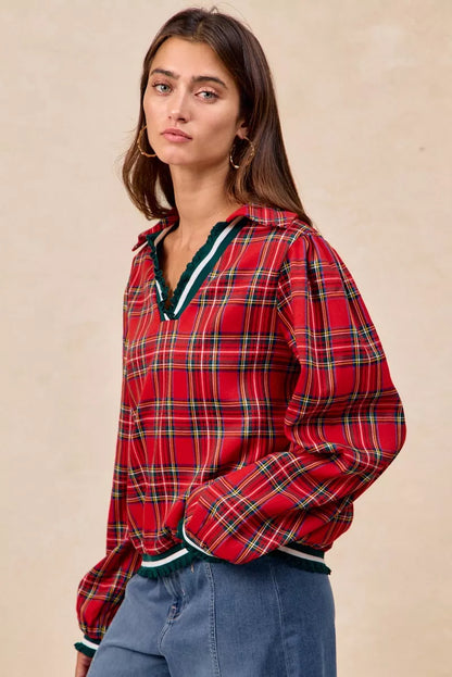 Christmas Plaid Collared Top with Ruffled Detail