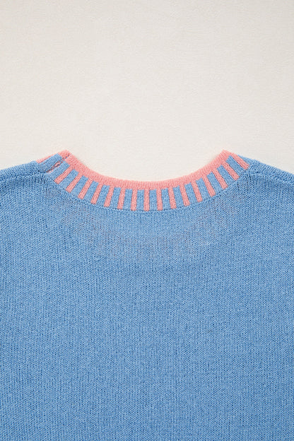 Sky Blue Contrast Trim Round Neck Sleeveless Sweater
