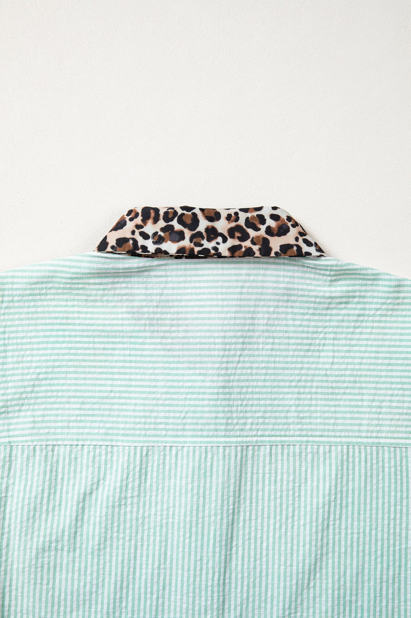 Green Stripe Leopard Contrast Collar Short Sleeve Shirt