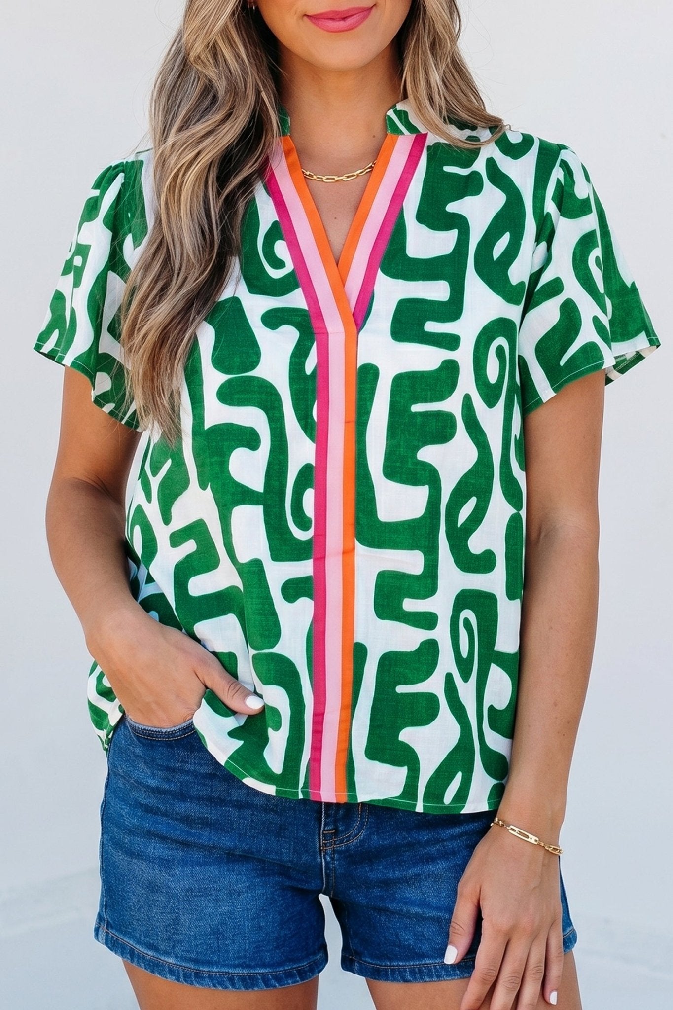 Green Abstract Print Striped Trim V Neck Short Sleeve Blouse - Loving It Shop