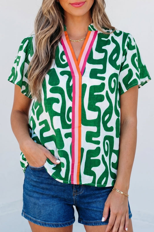 Green Abstract Print Striped Trim V Neck Short Sleeve Blouse - Loving It Shop