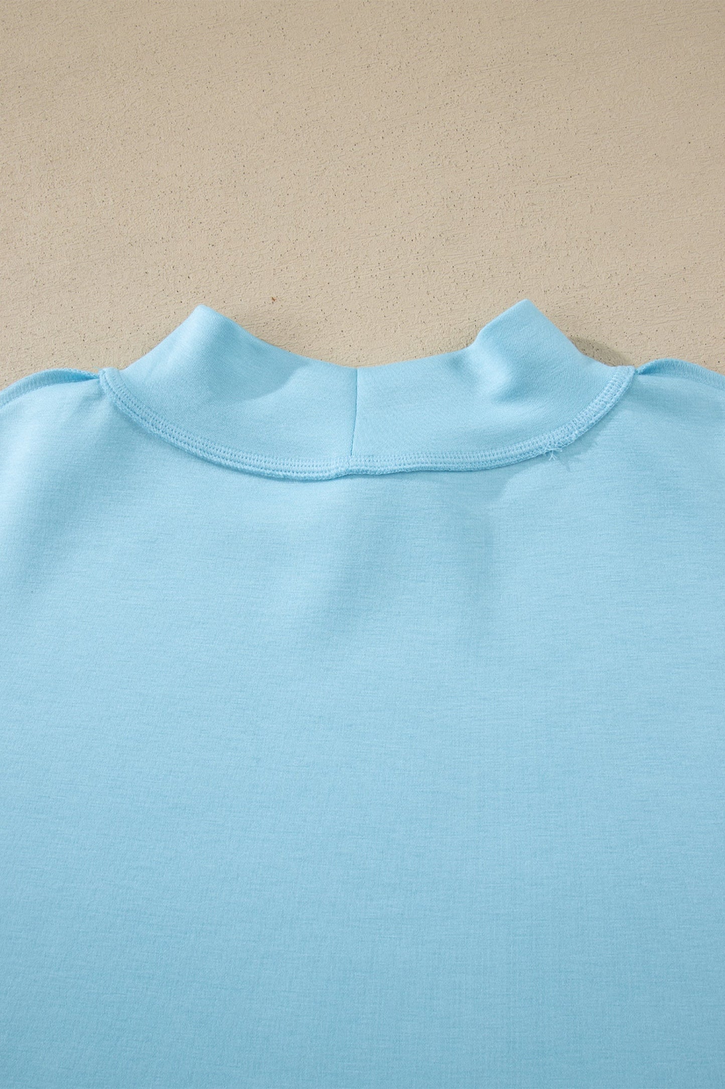 Mist Blue Solid Color Exposed Seam Mock Neck Oversize Tee Casual Shorts 2pcs Outfit