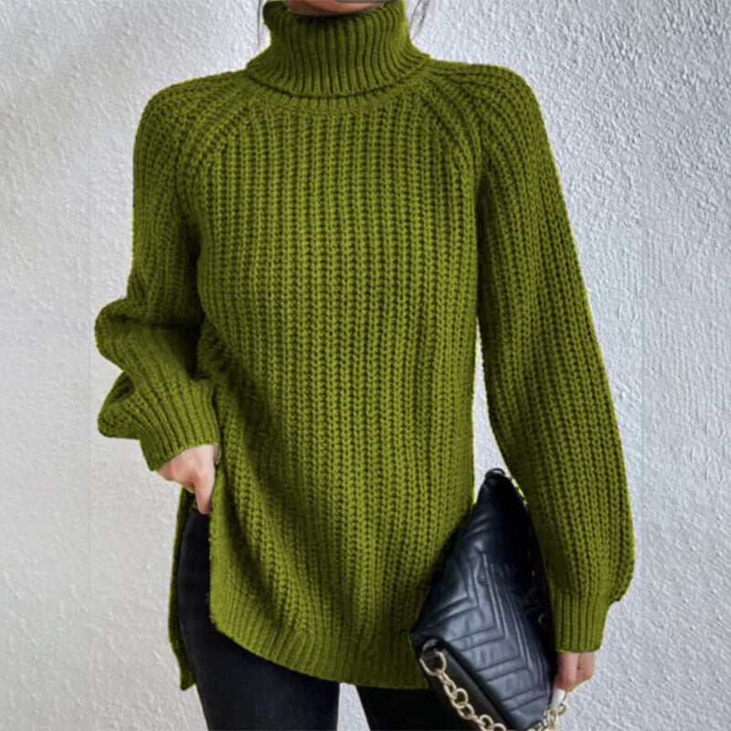 Turtleneck Pullover Sweater With Split Design Fashion Simple Solid Color Long Sleeve Tops Women&