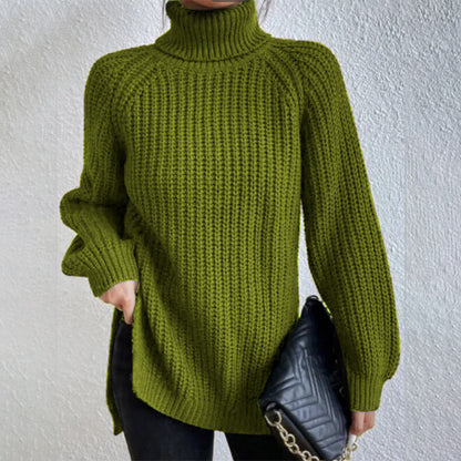 Turtleneck Pullover Sweater With Split Design Fashion Simple Solid Color Long Sleeve Tops Women&