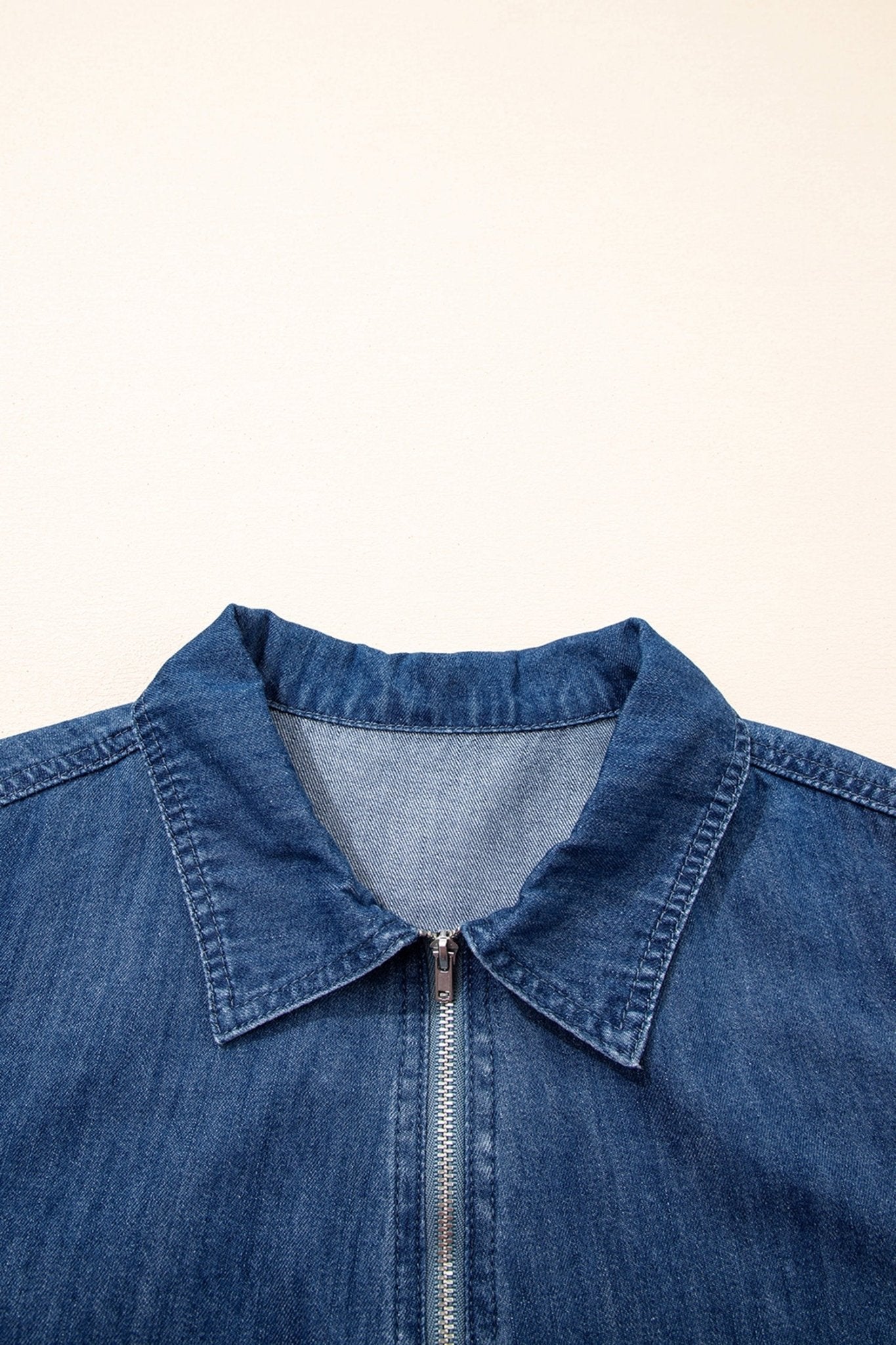 Blue Zip up Collared Short Sleeve Shift Mini Denim Dress - Loving It Shop