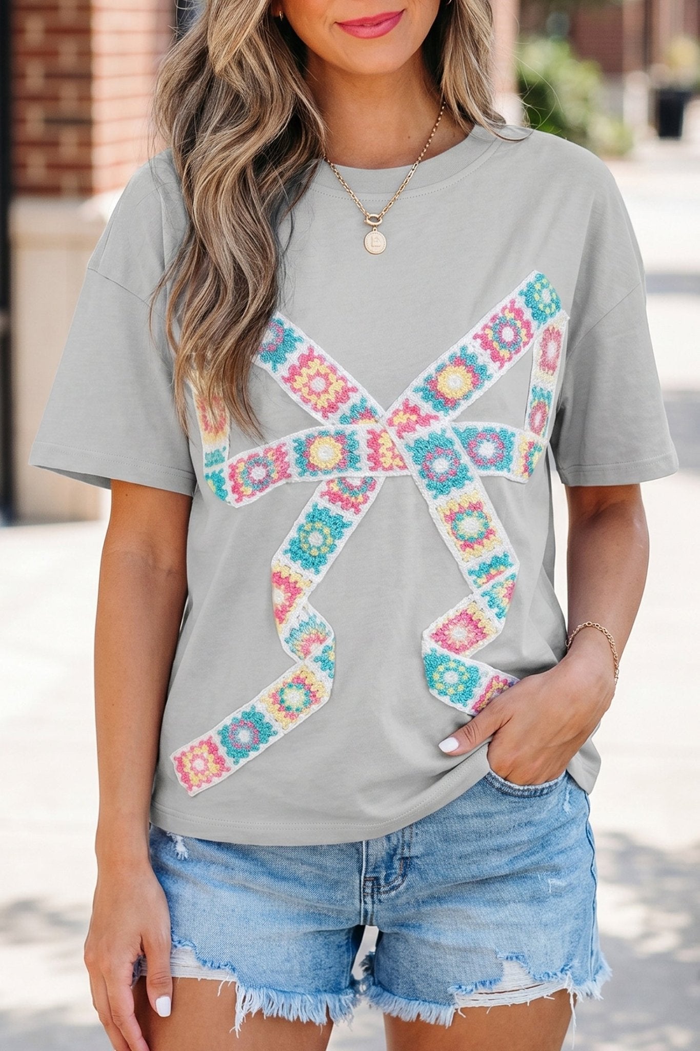 Light Grey Floral Crochet Ribbon Bow Patched Cotton T Shirt - Loving It Shop