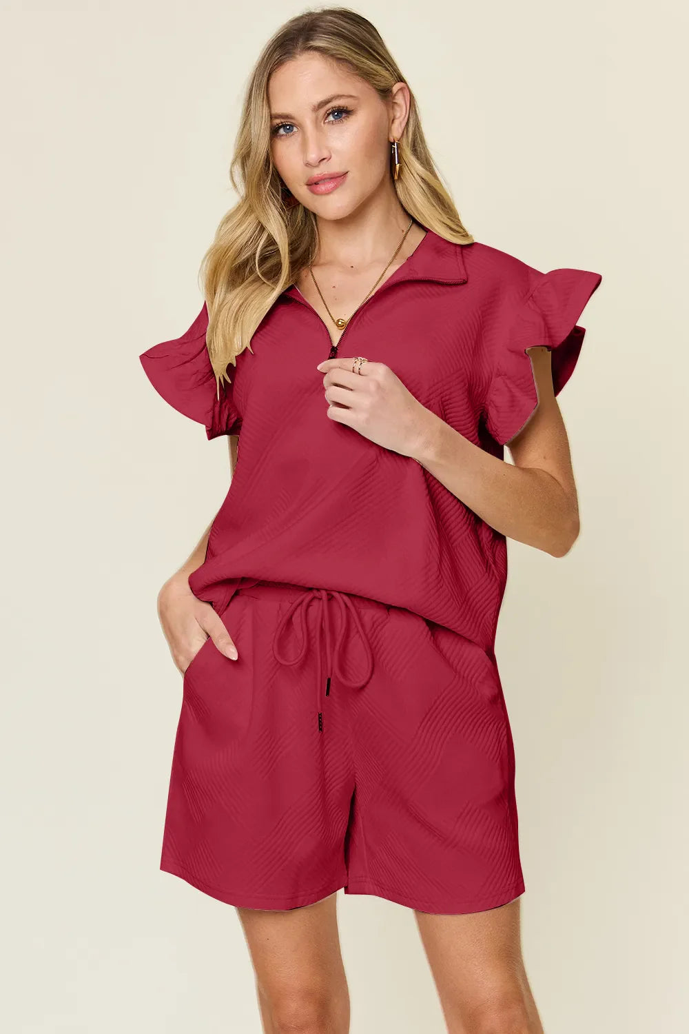 I am a Fashion Junky Full Size Texture Flounce Sleeve Top and Drawstring Shorts Set