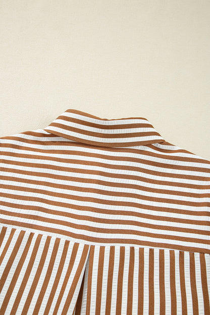 Brown Stripe Ruffled Hem Collared Long Sleeve Shirt Mini Dress