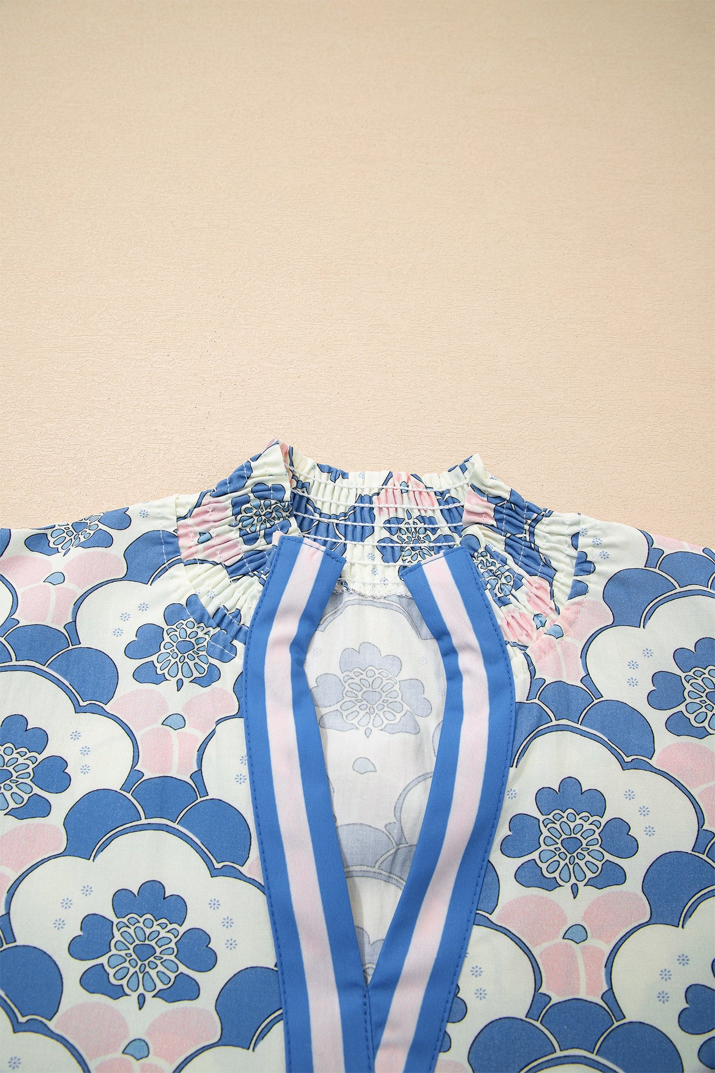Sky Blue Floral Print Flounced Short Sleeve Contrast Trim V Neck Blouse