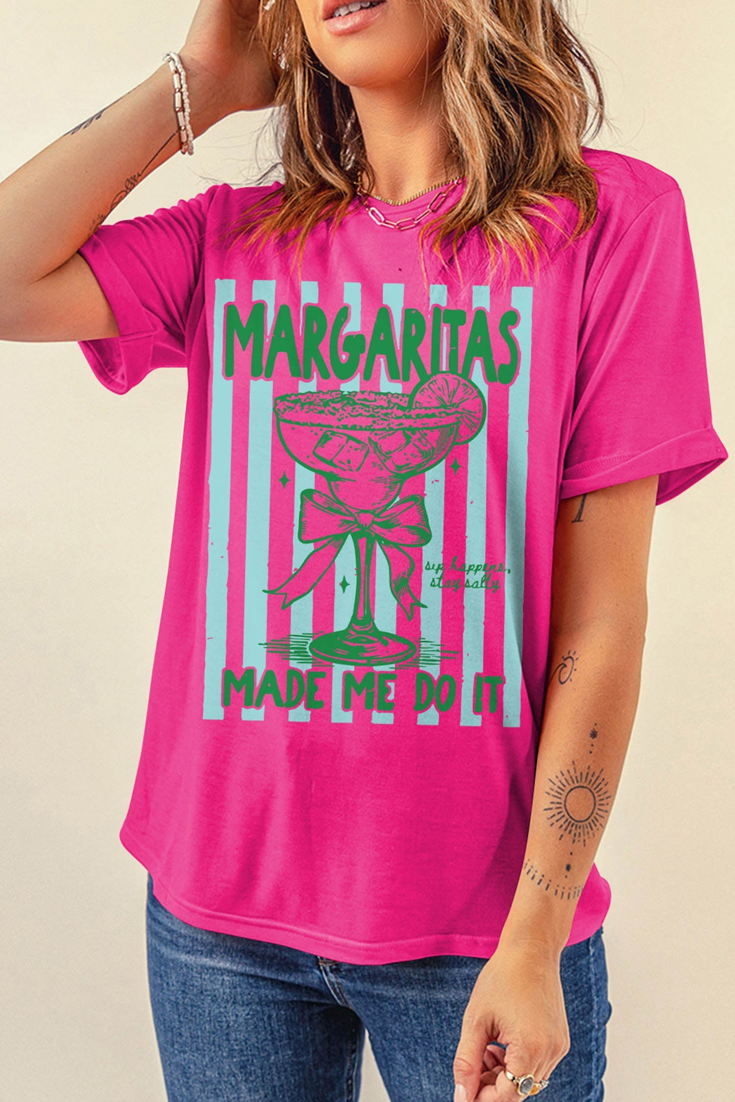 Rose Red Margaritas Made Me Do It Striped Graphic Beach Vacation Tee - Loving It Shop