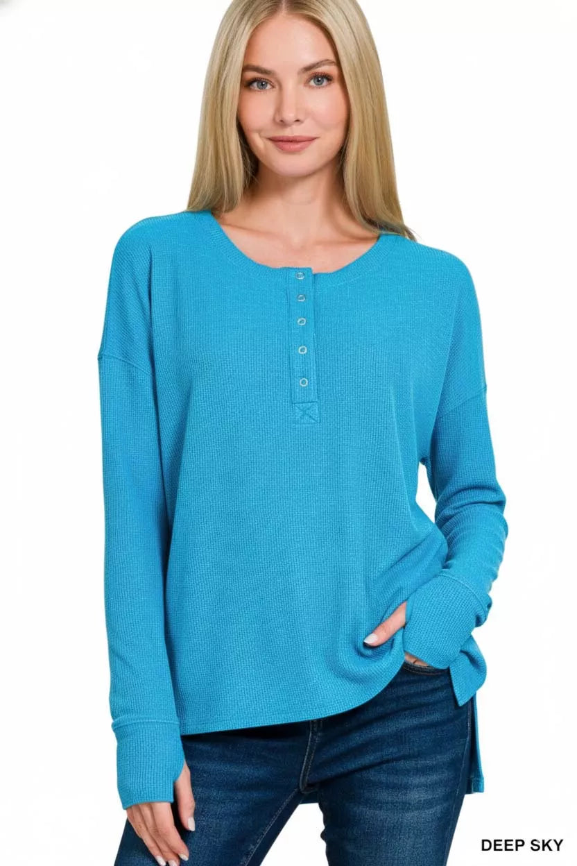 Waffle Thumb Hole Cuffs Henley Tee