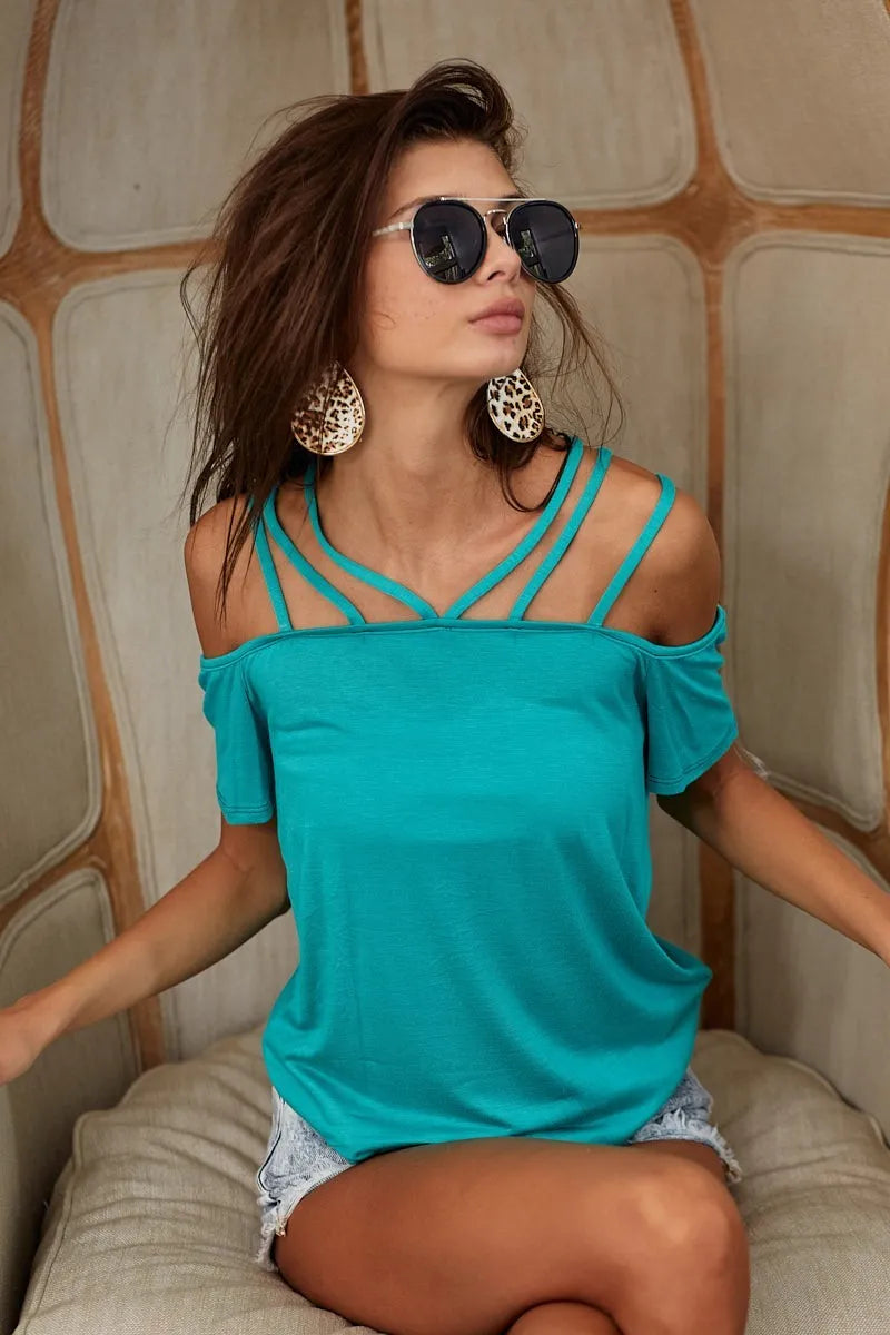 Rayon Span Jersey Lace Up Shoulder Detailed Top