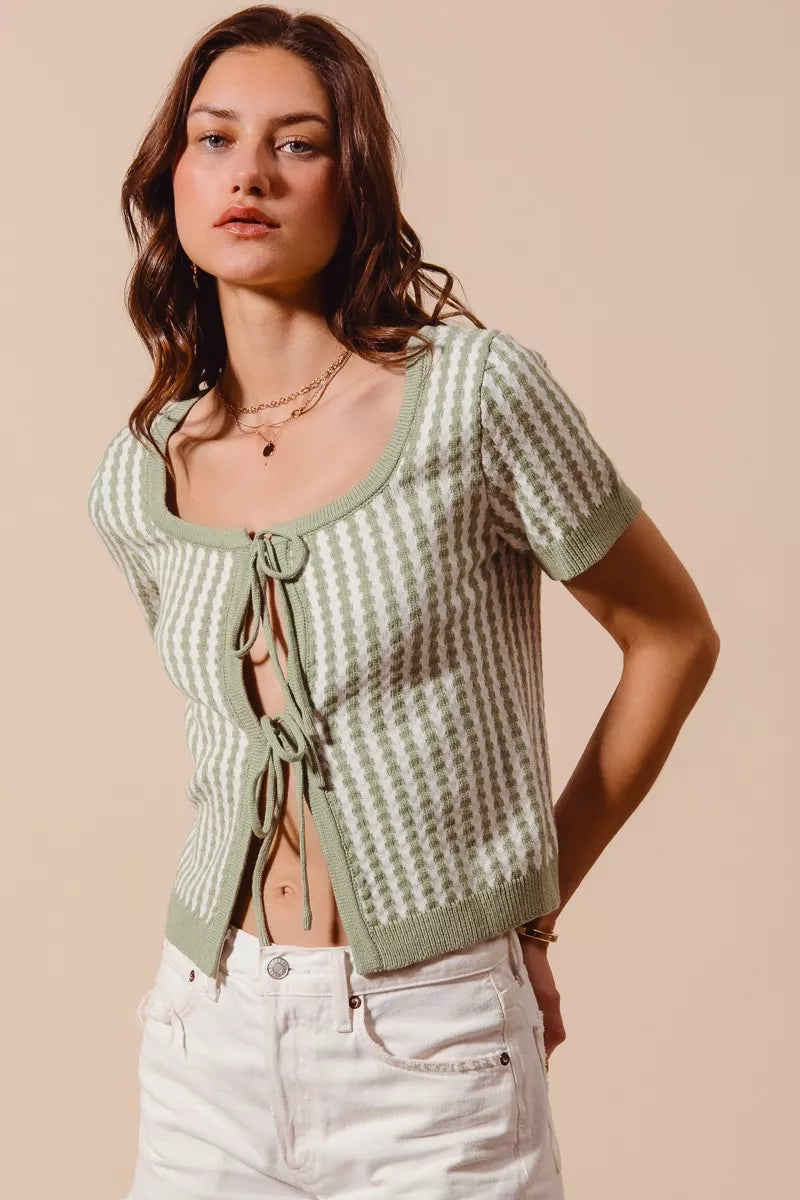 Tie Front Textured Vertical Stripe Knit Cardigan