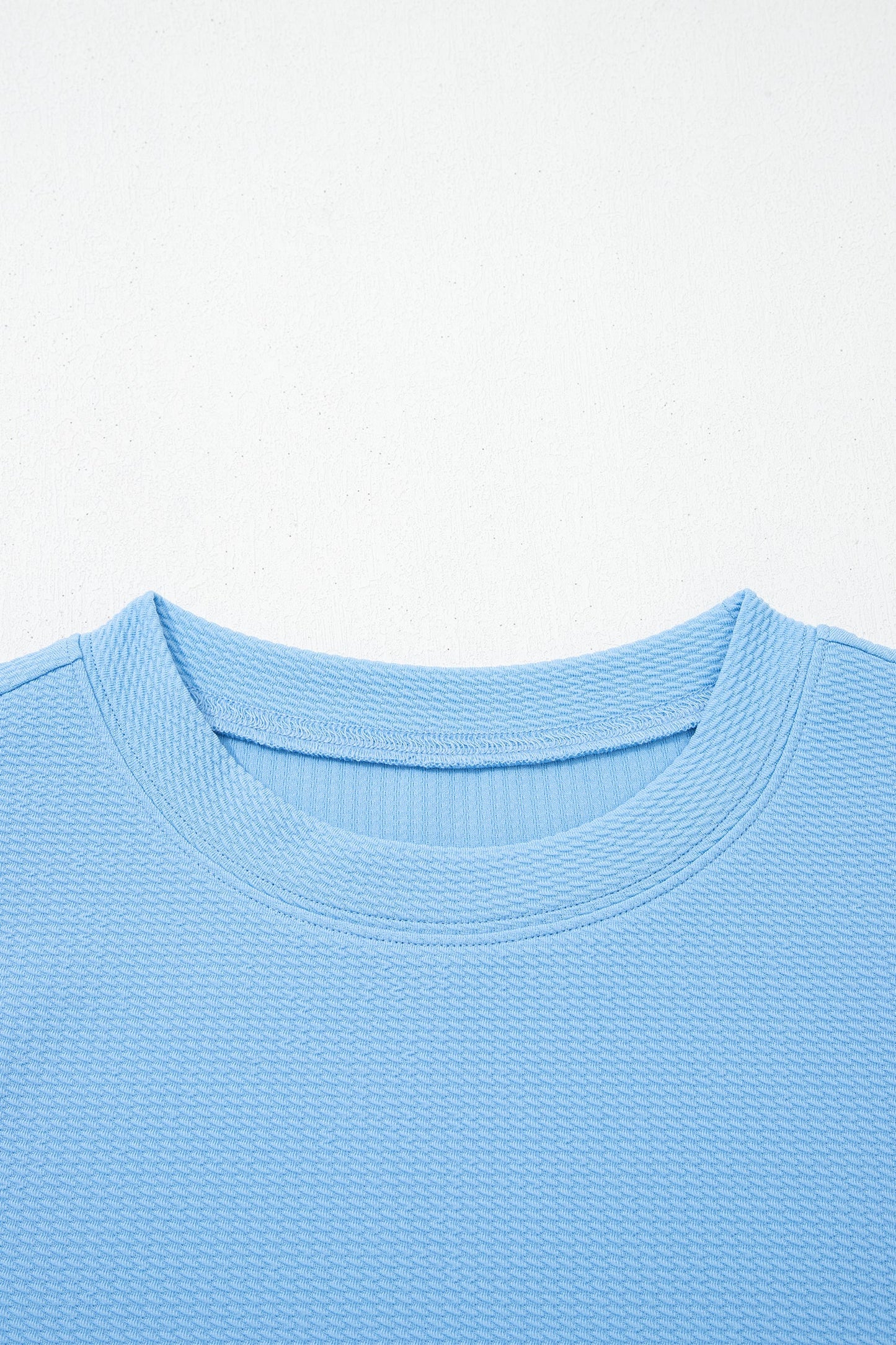 Light Blue Round Neck Textured Contrast Floral Bubble Sleeve Blouse