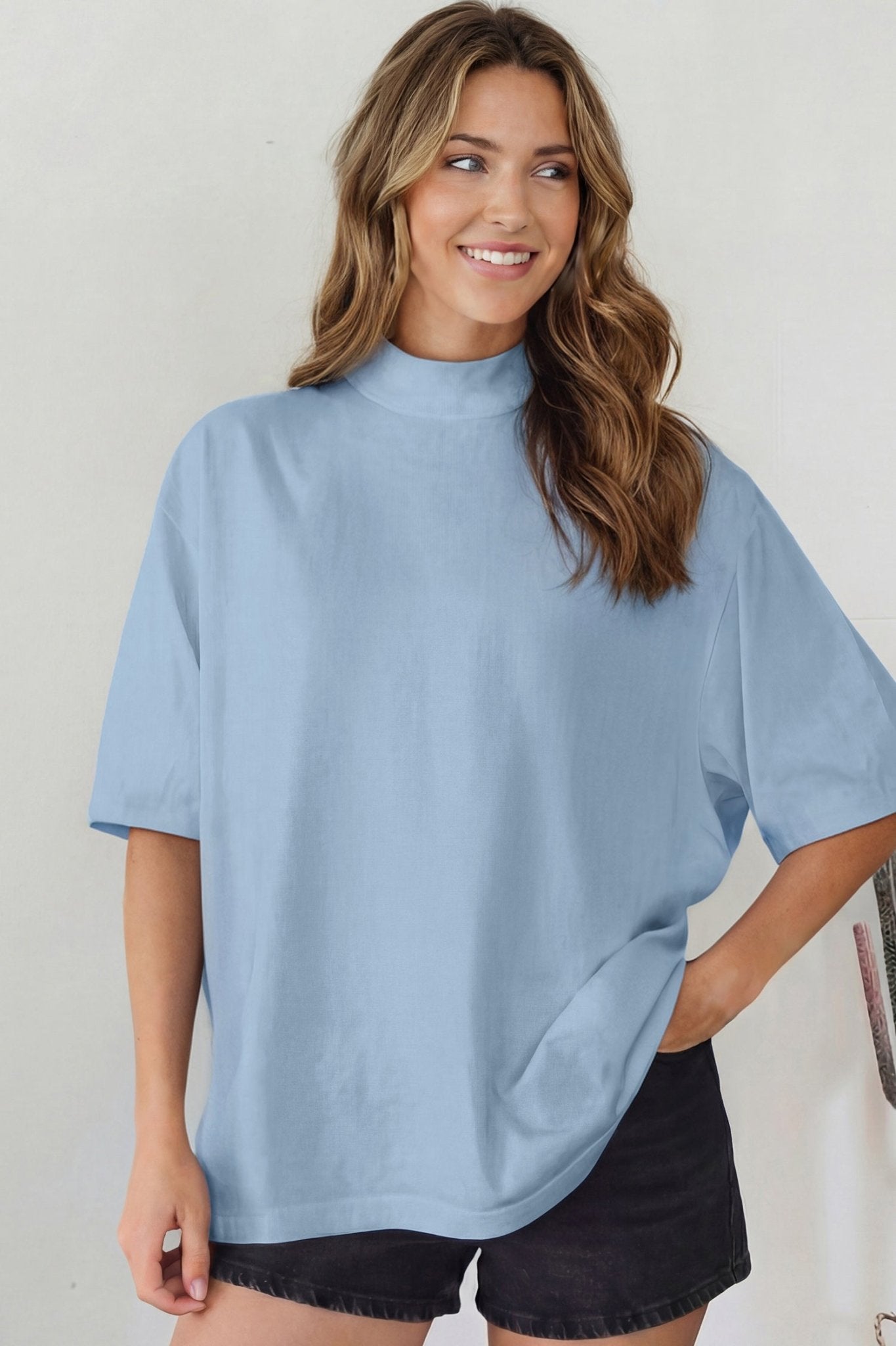 Beau Blue Solid Color High Neck Oversize Tee - Loving It Shop