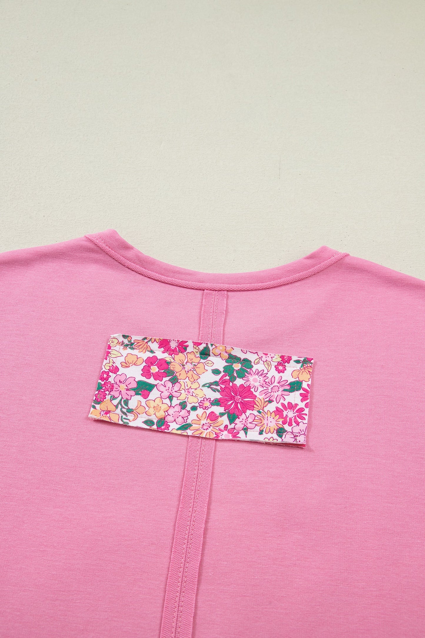 Bright Pink Floral Patched Raw Seam Big Flower Oversize Tee