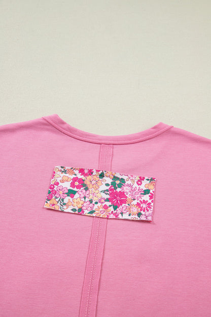 Bright Pink Floral Patched Raw Seam Big Flower Oversize Tee