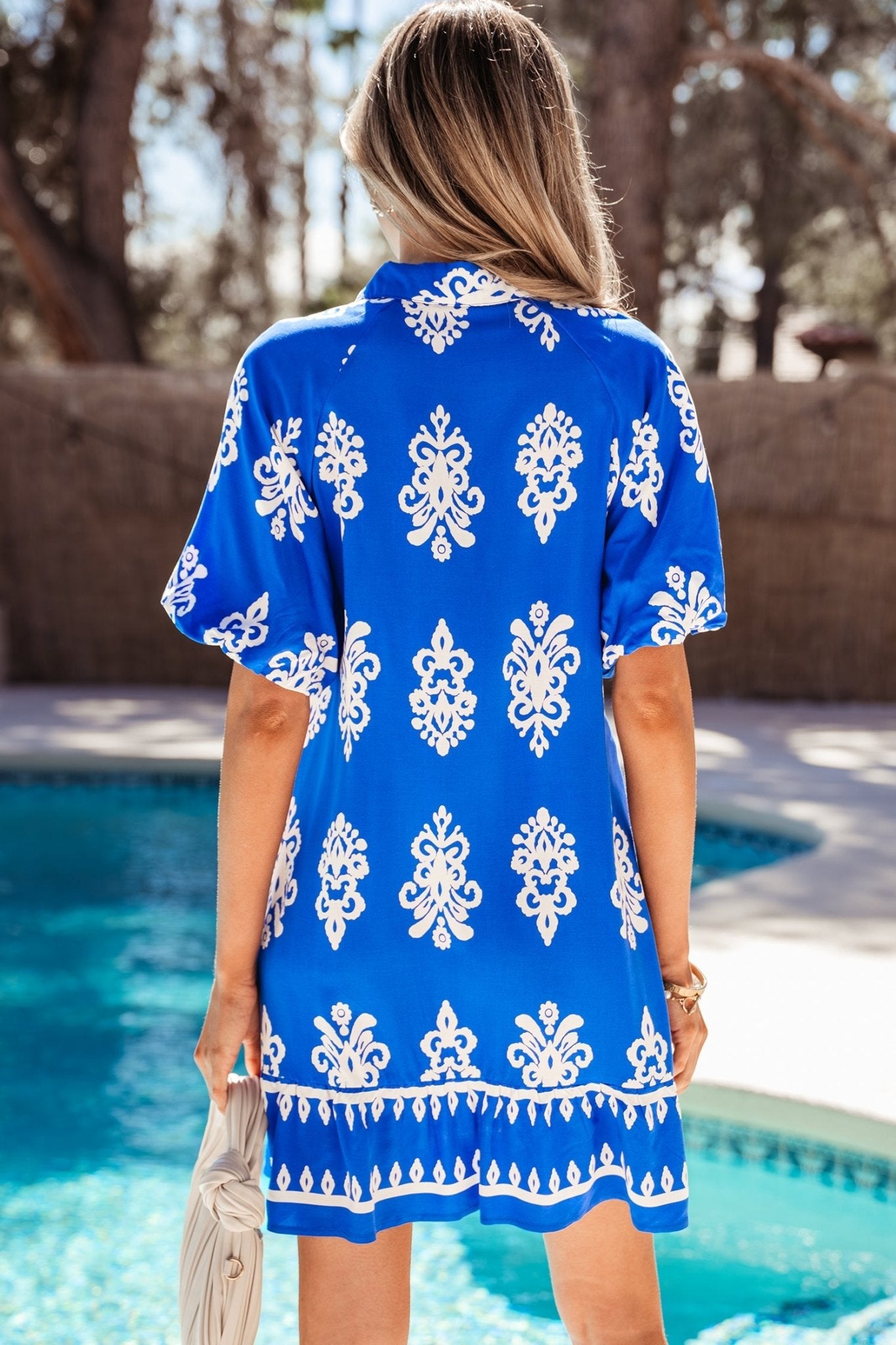 Blue Ethnic Geometric Print Collared Button Front Short Puff Sleeve Mini Dress - Loving It Shop
