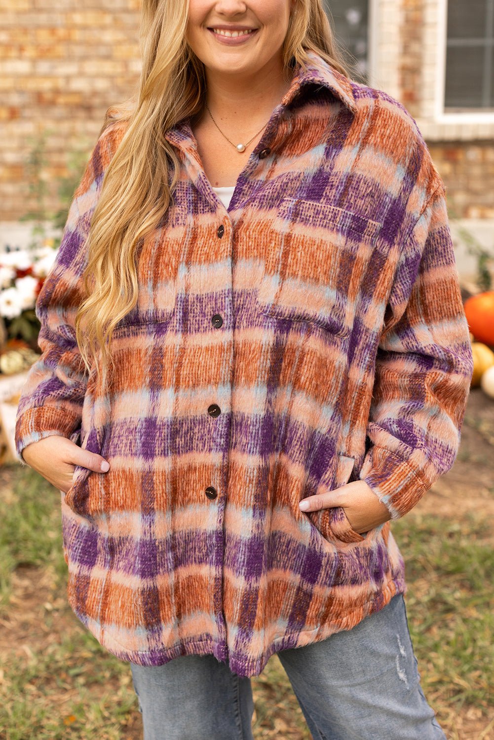 Multicolour Plus Size Plaid Print Collared Button up Jacket - Loving It Shop