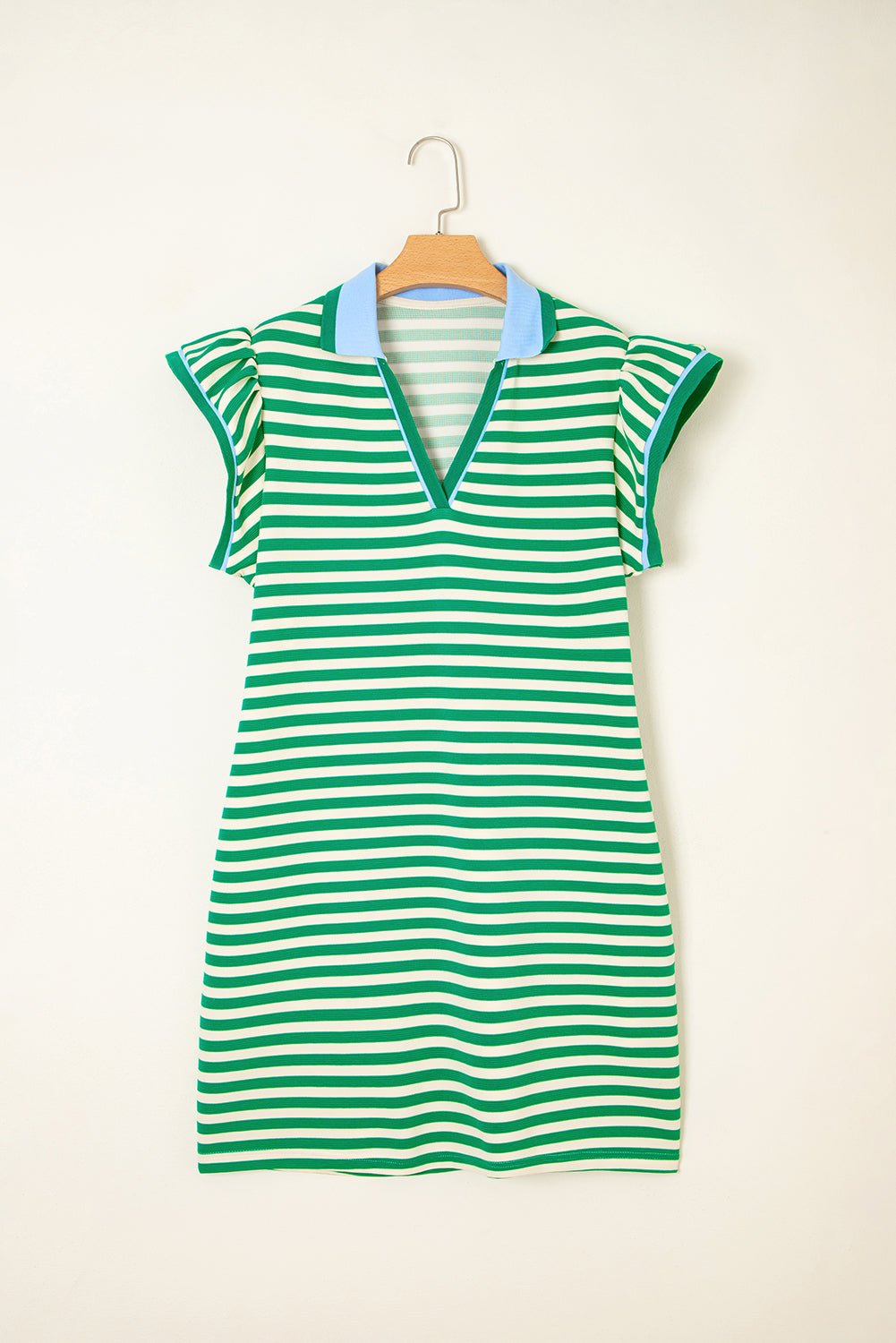 Green Stripe Print Contrast Collar Split Neck Flutter Sleeve Short Dress - Loving It Shop