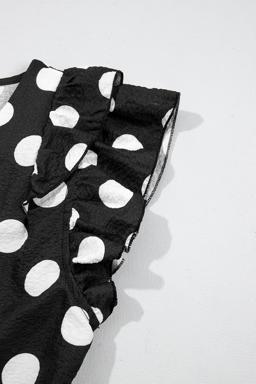 Black Polka Dot Print Ruffled Sleeve V Neck Blouse