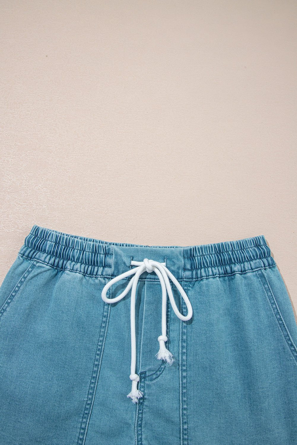 Beau Blue Contrast Drawstring Elastic Waistband Denim Shorts - Loving It Shop