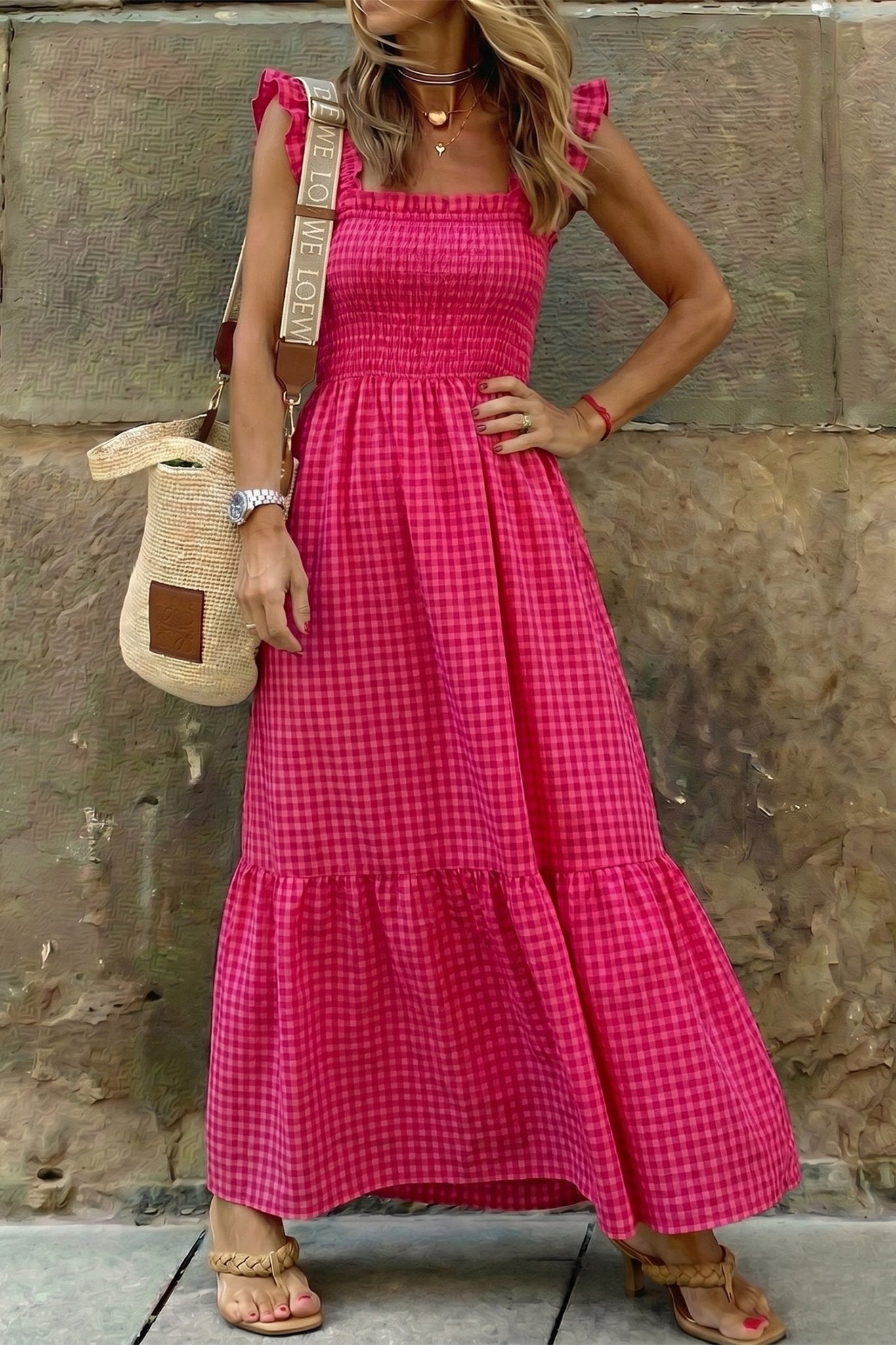 Red Plaid Square Neck Fit - and - flared Vacation Sundress - Loving It Shop