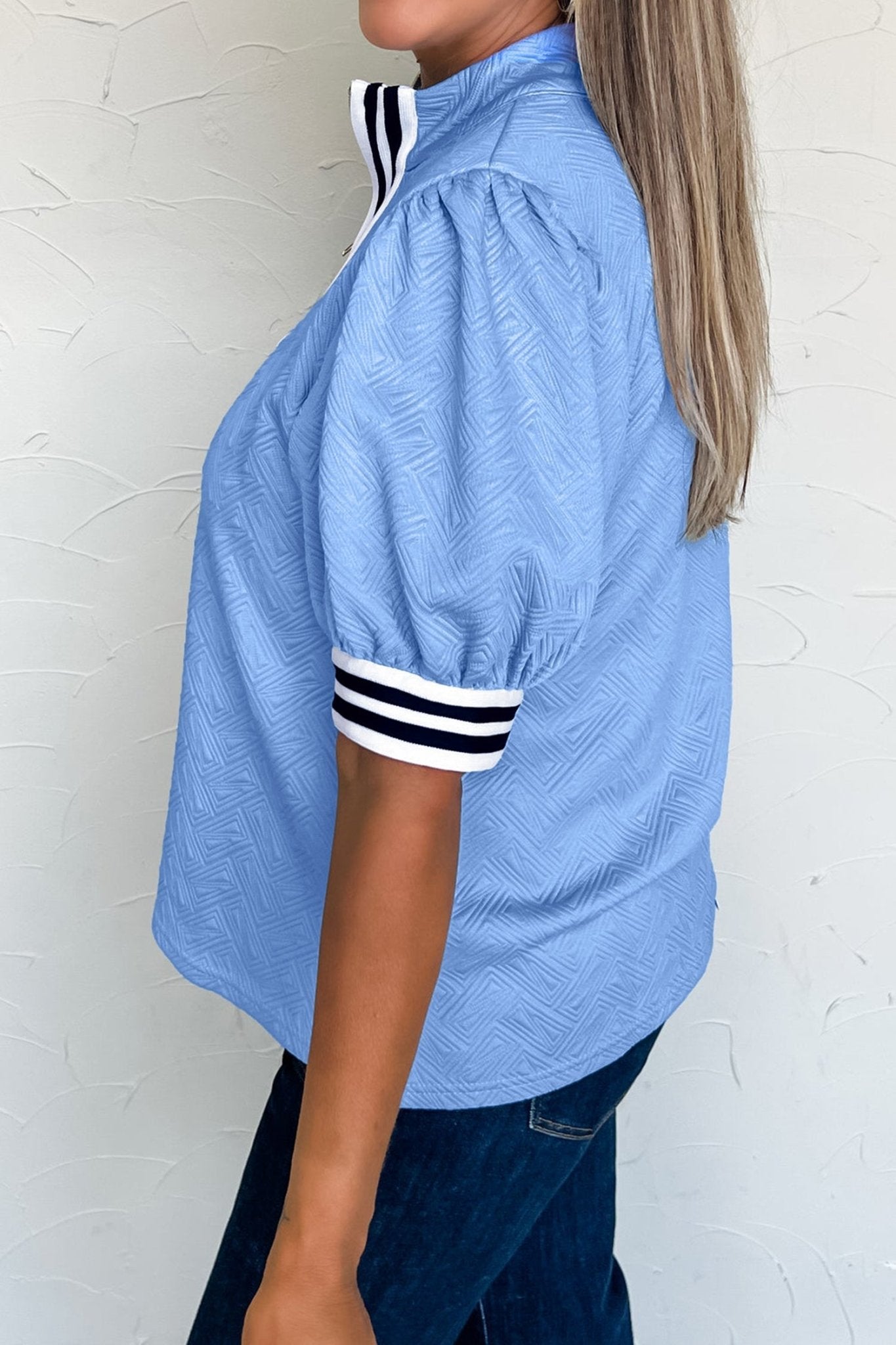 Myosotis Stylish Textured Stripe Trim Split Neck Puff Sleeve Top - Loving It Shop