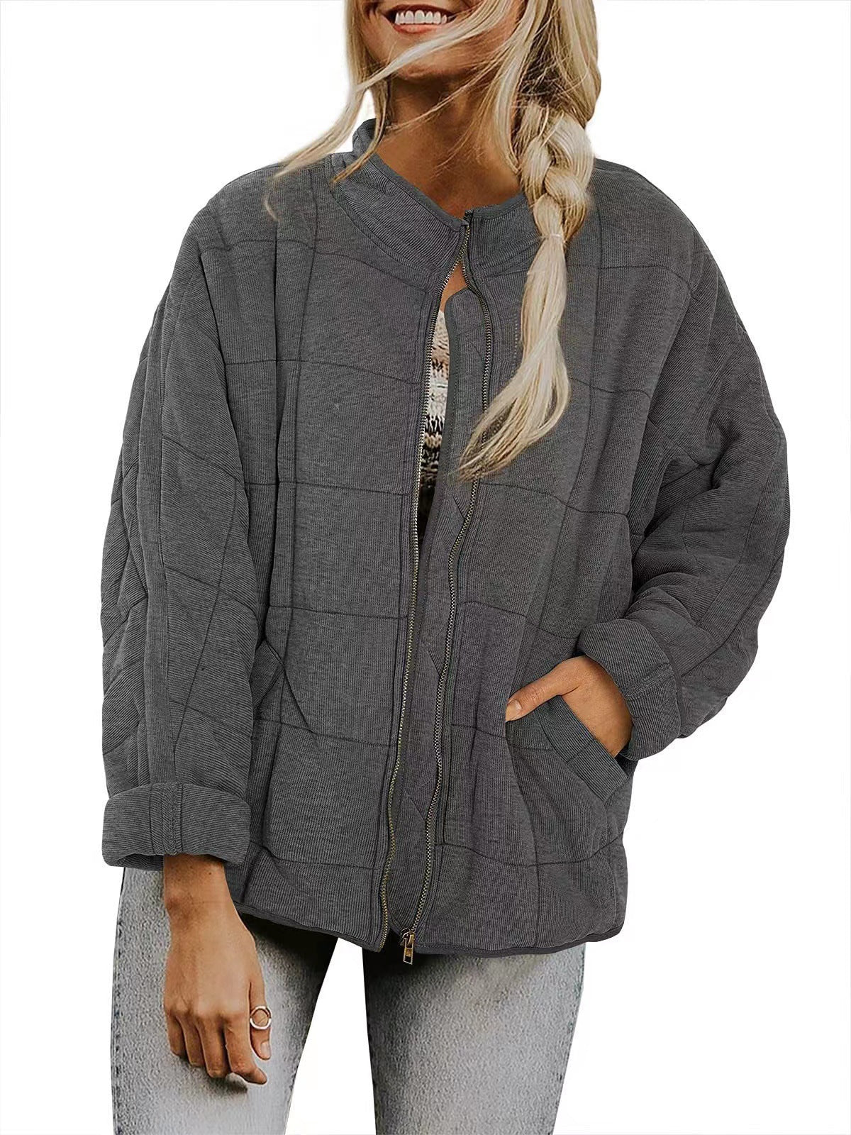 Winter Zip-up Stand Collar Coat With Pockets Fashion Solid Color Plaid Long Sleeved Jacket Women&