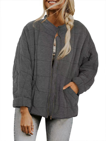 Winter Zip-up Stand Collar Coat With Pockets Fashion Solid Color Plaid Long Sleeved Jacket Women&