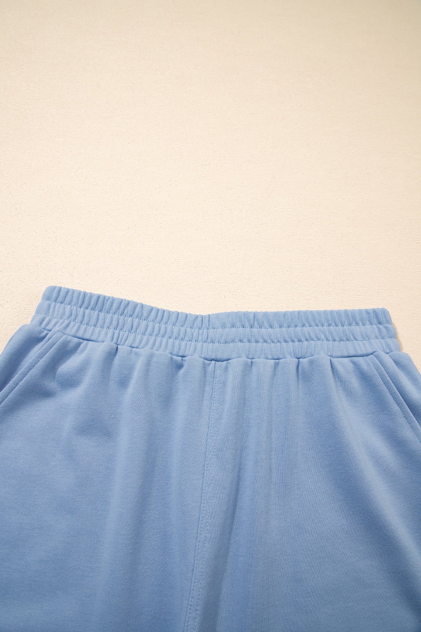 Sky Blue Solid Color Contrast Textured Patchwork Raw Edge 2pcs Short Set