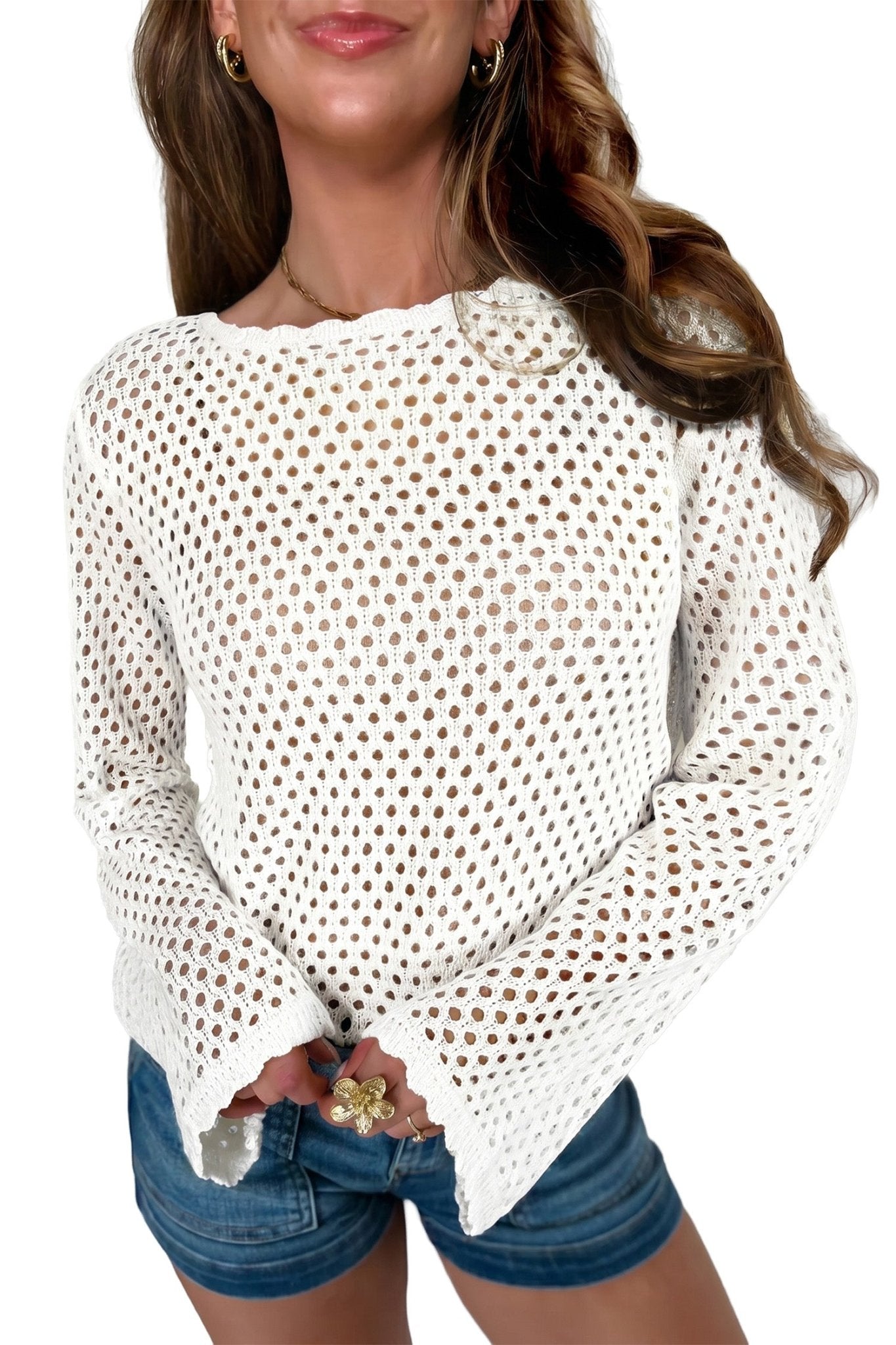 White Scalloped Trim Hollow Out Knit Long Sleeve Top - Loving It Shop