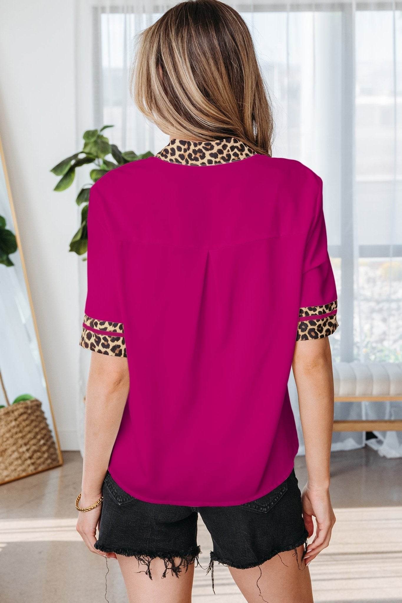 Violet Leopard Patchwork Trim Split Neck Short Sleeve Blouse - Loving It Shop