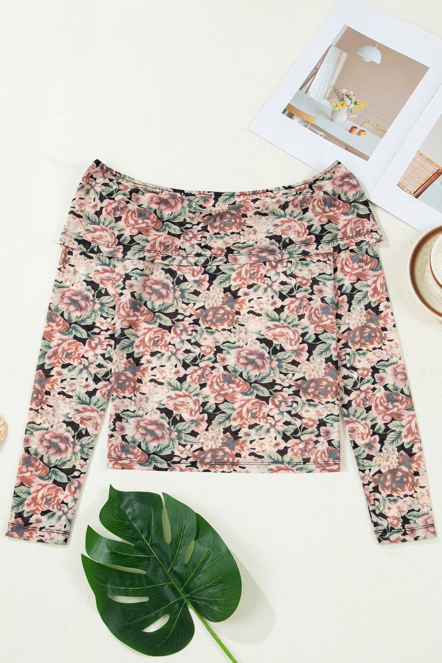 Black Floral Print Mesh Long Sleeve Foldover Off Shoulder Top