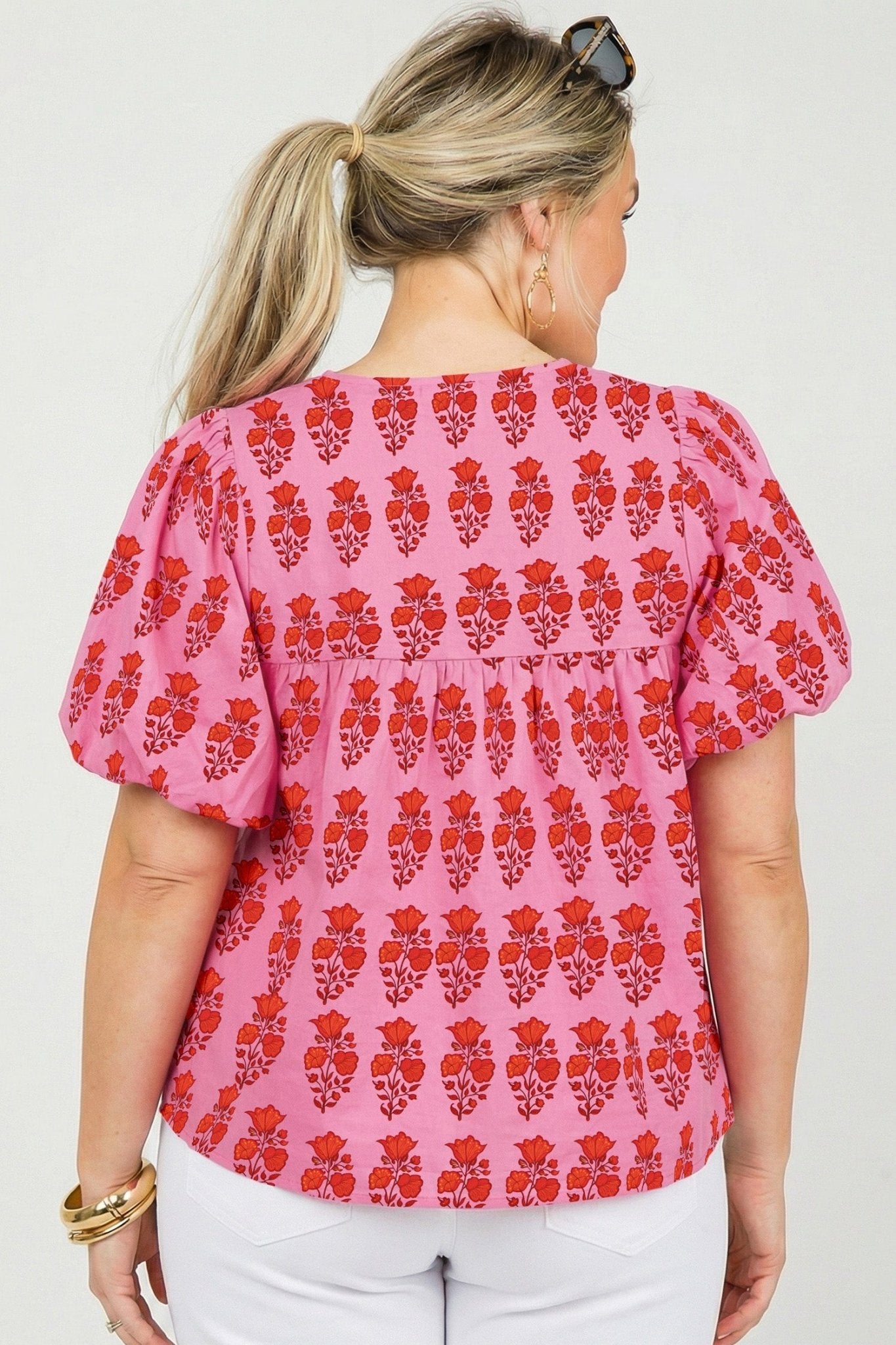 Pink Plus Size Floral Print Tassel Tie Puff Sleeve Cotton Blouse - Loving It Shop