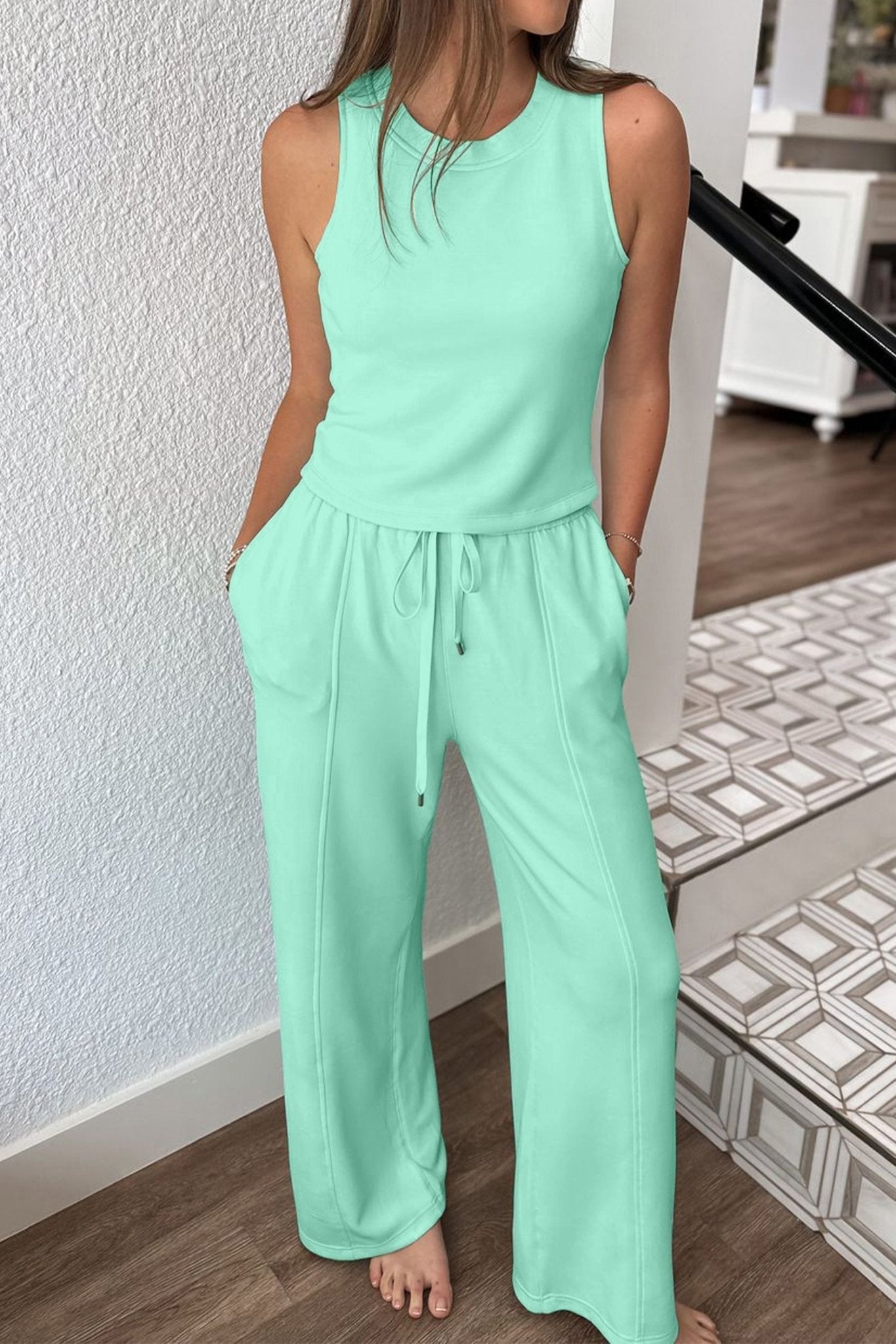 Moonlight Jade Drawstring Elastic Waistband Solid Color Two Piece Casual Set - Loving It Shop