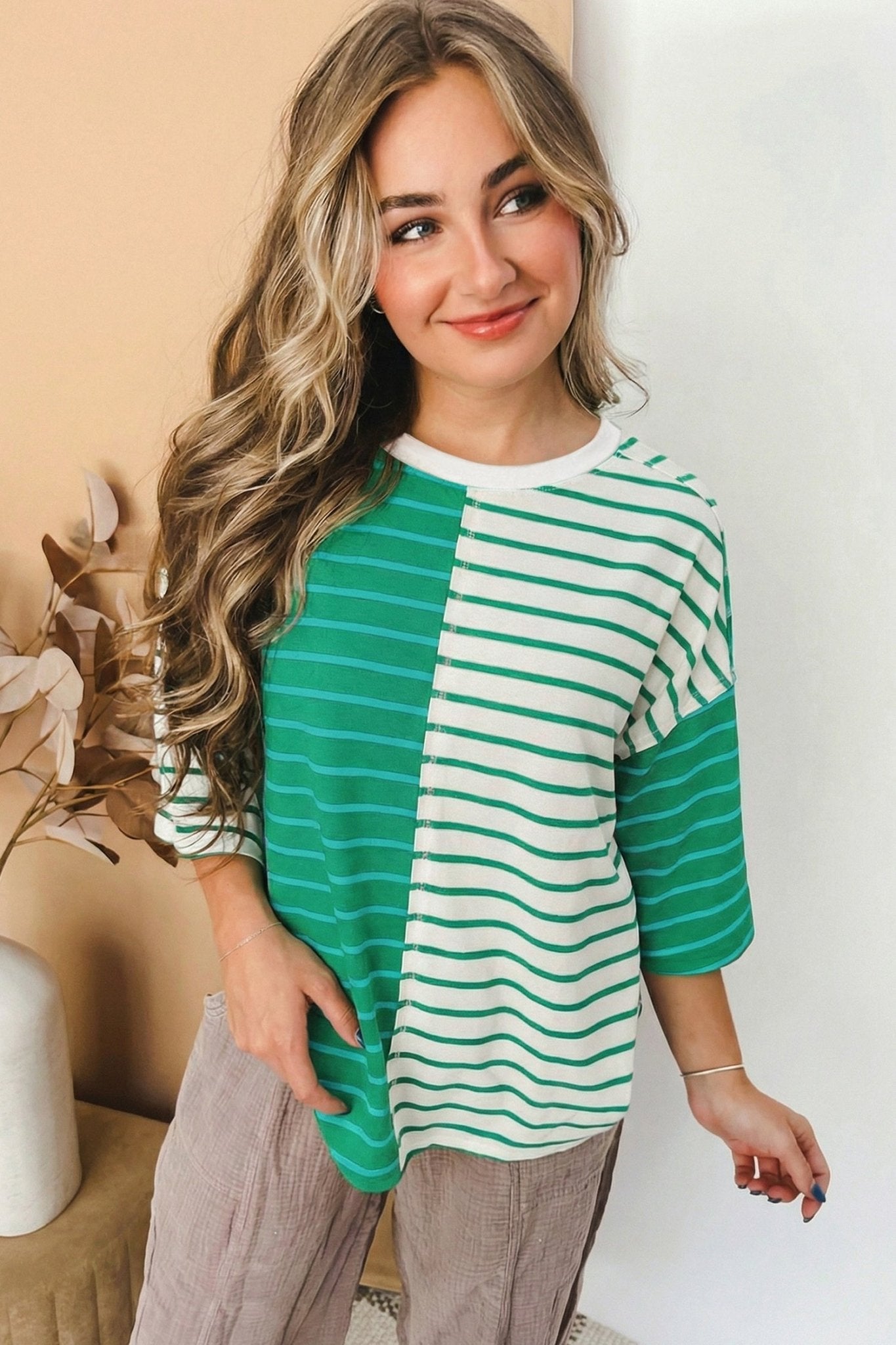 Green Stripe Colorblock 3/4 Sleeve Loose T Shirt - Loving It Shop