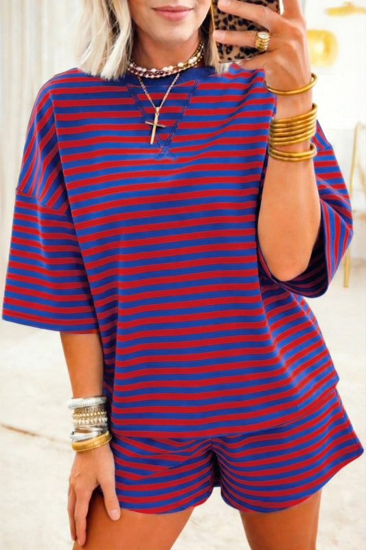 Navy Stripe Striped Ribbed Cotton Two - Piece Short Set with Chest Patch Detail - Loving It Shop