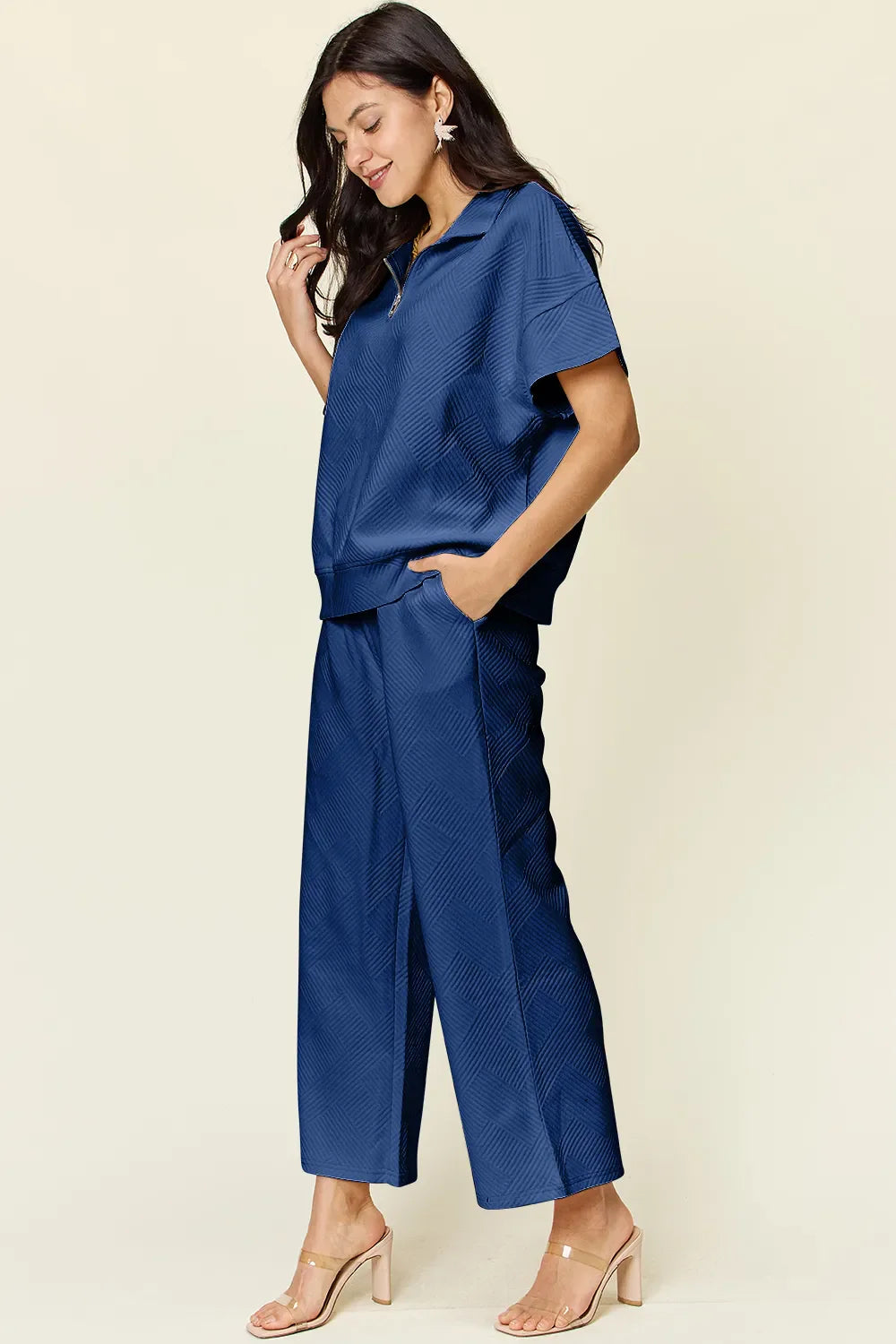 I am a Fashion Junky Full Size Texture Half Zip Short Sleeve Top and Pants Set