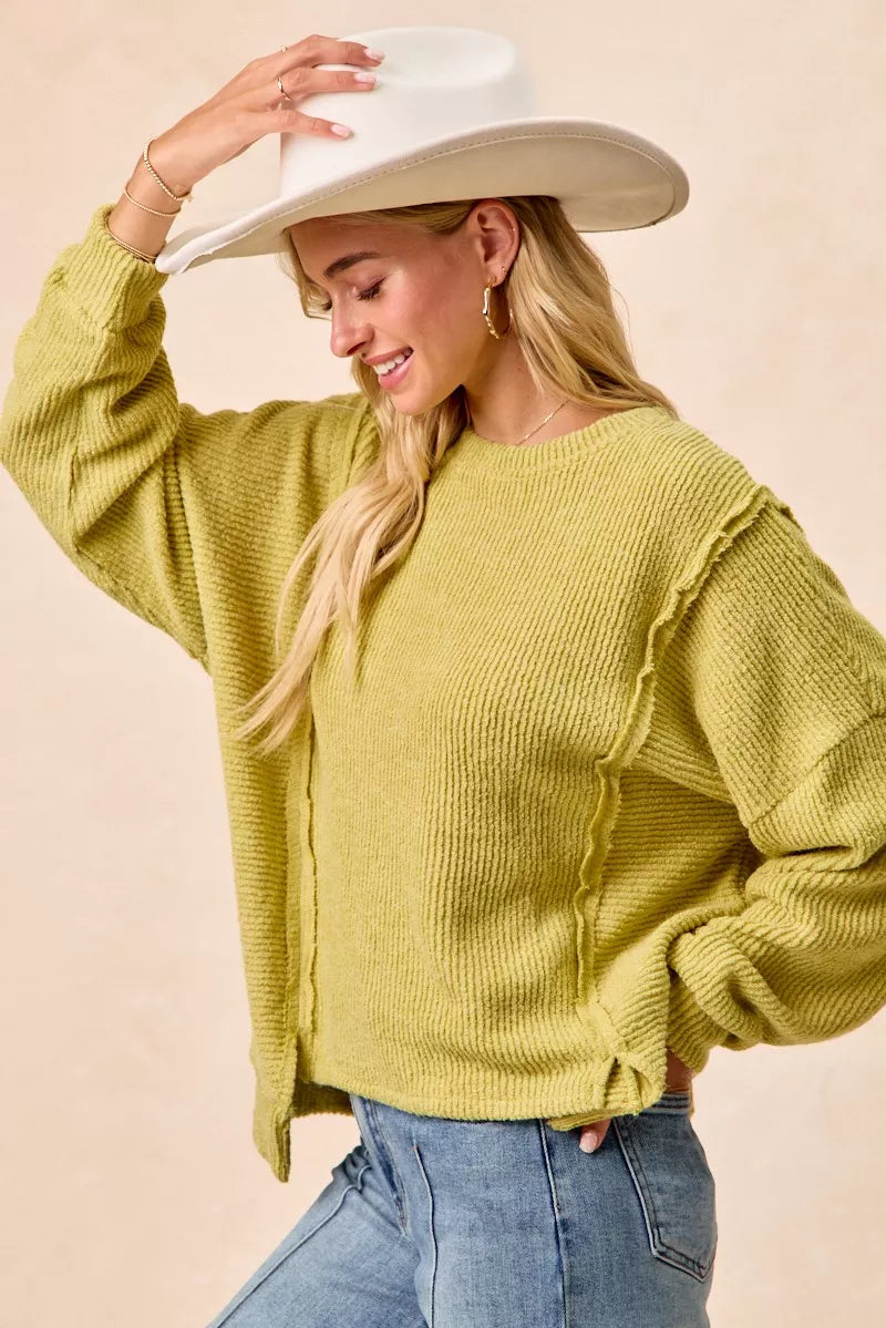 Boucle Rib Knit Uneven Hem Sweater With Open Seam