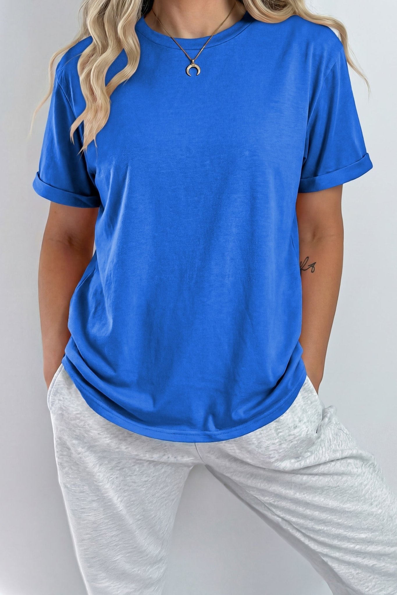 Dark Blue Casual Plain Crew Neck Tee - Loving It Shop