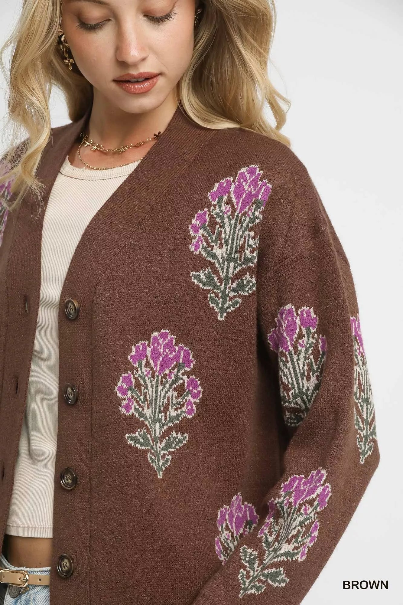 Single Flower Stem Jacquard Cardigan Sweater