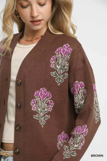 Single Flower Stem Jacquard Cardigan Sweater