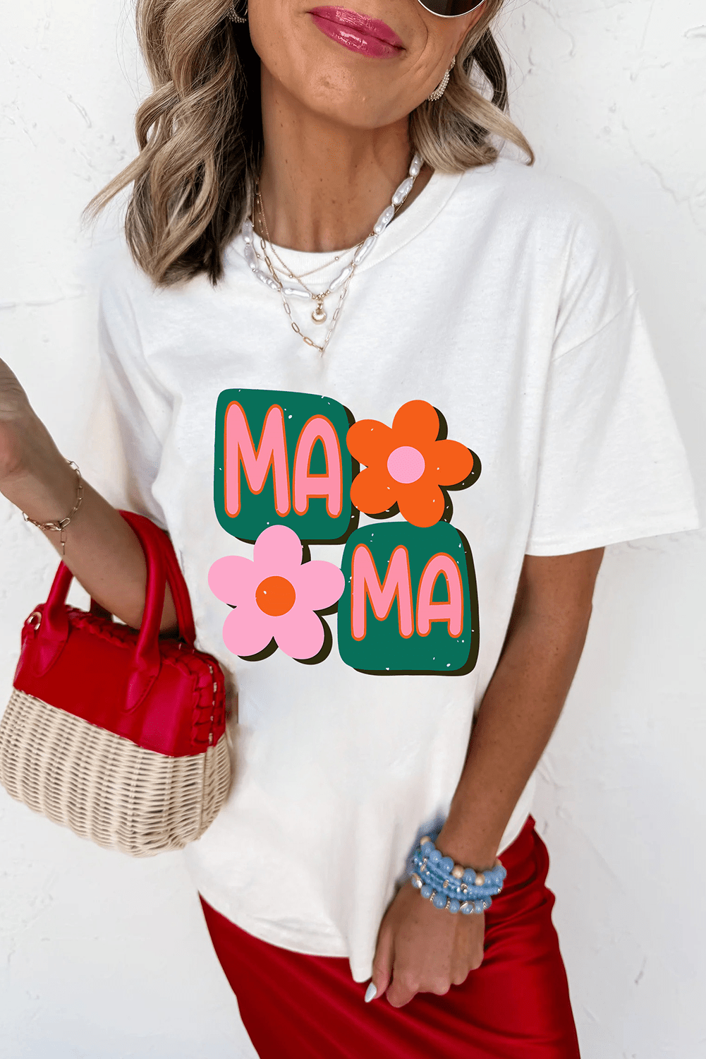 White MAMA Flower Graphic Crewneck Tee - Loving It Shop