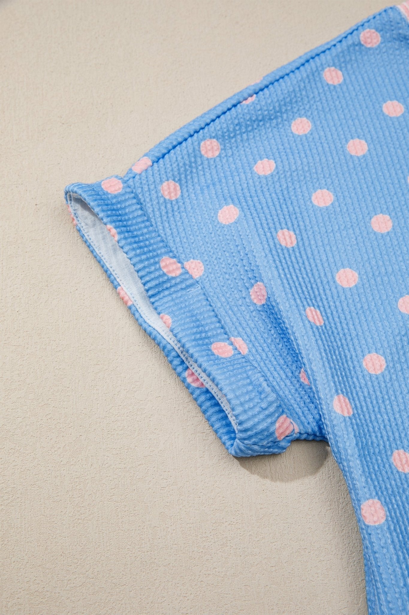 Sky Blue Raised Rib Polka Dot Print Cuffed Short Sleeve Top - Loving It Shop