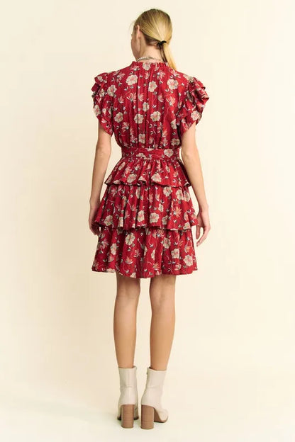 Davi &amp; Dani Ruffle Flutter Sleeve Tie Belt Tiered Mini Dress